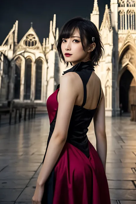 1 girl, (she is wearing a red dress:1.2), (gothic makeup), portrait of a very cute japanese symphonic metal singer, (raw photo b...