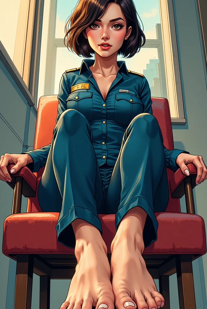 Comic style of a beautiful girl with short hair, very tight police sexy suit, bare feet, sitting on a chair showing feet, feet focus, perspective 