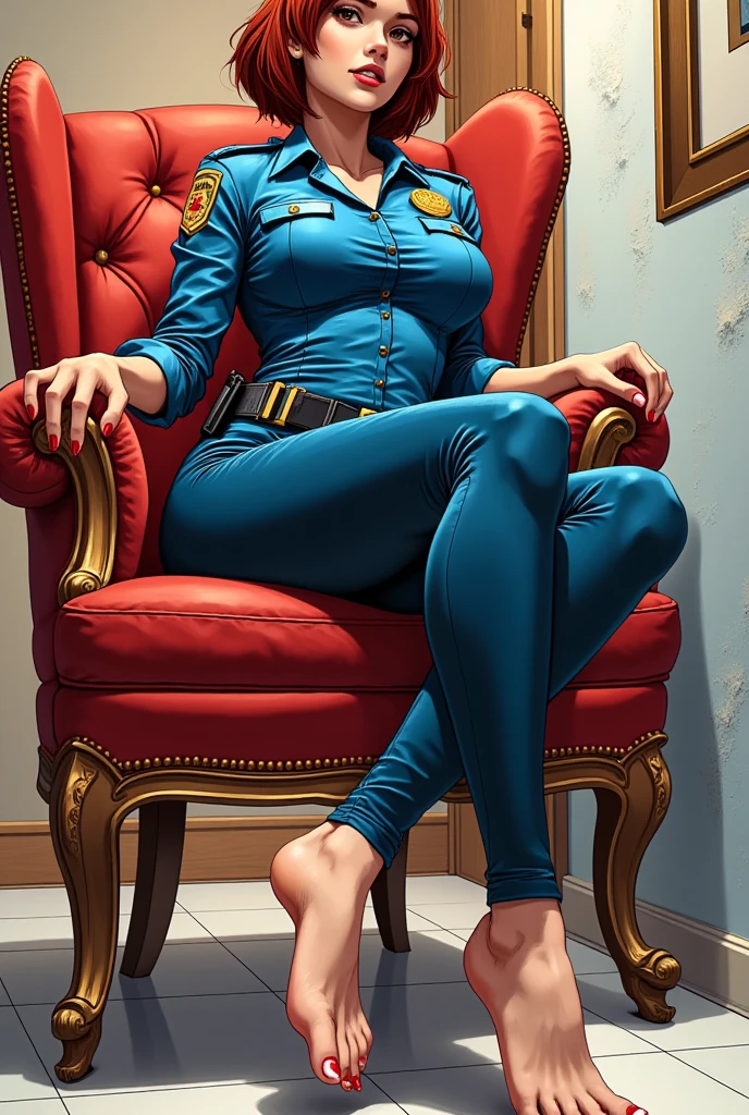 Comic style of a beautiful girl with short hair, very tight police sexy suit, bare feet, sitting on a chair showing feet, feet focus, perspective 