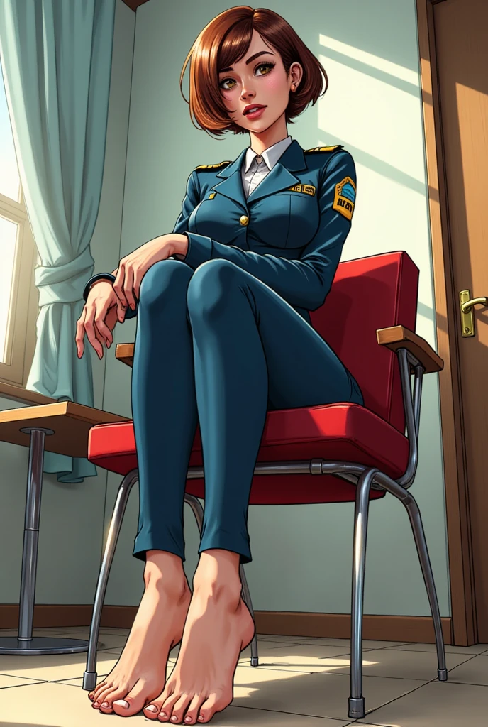 Comic style of a beautiful girl with short hair, very tight police sexy suit, bare feet, sitting on a chair showing feet, feet focus, perspective 