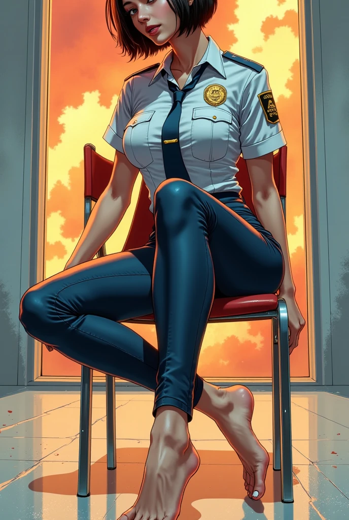 Comic style of a beautiful girl with short hair, very tight police sexy suit, bare feet, sitting on a chair showing feet, feet focus, perspective 