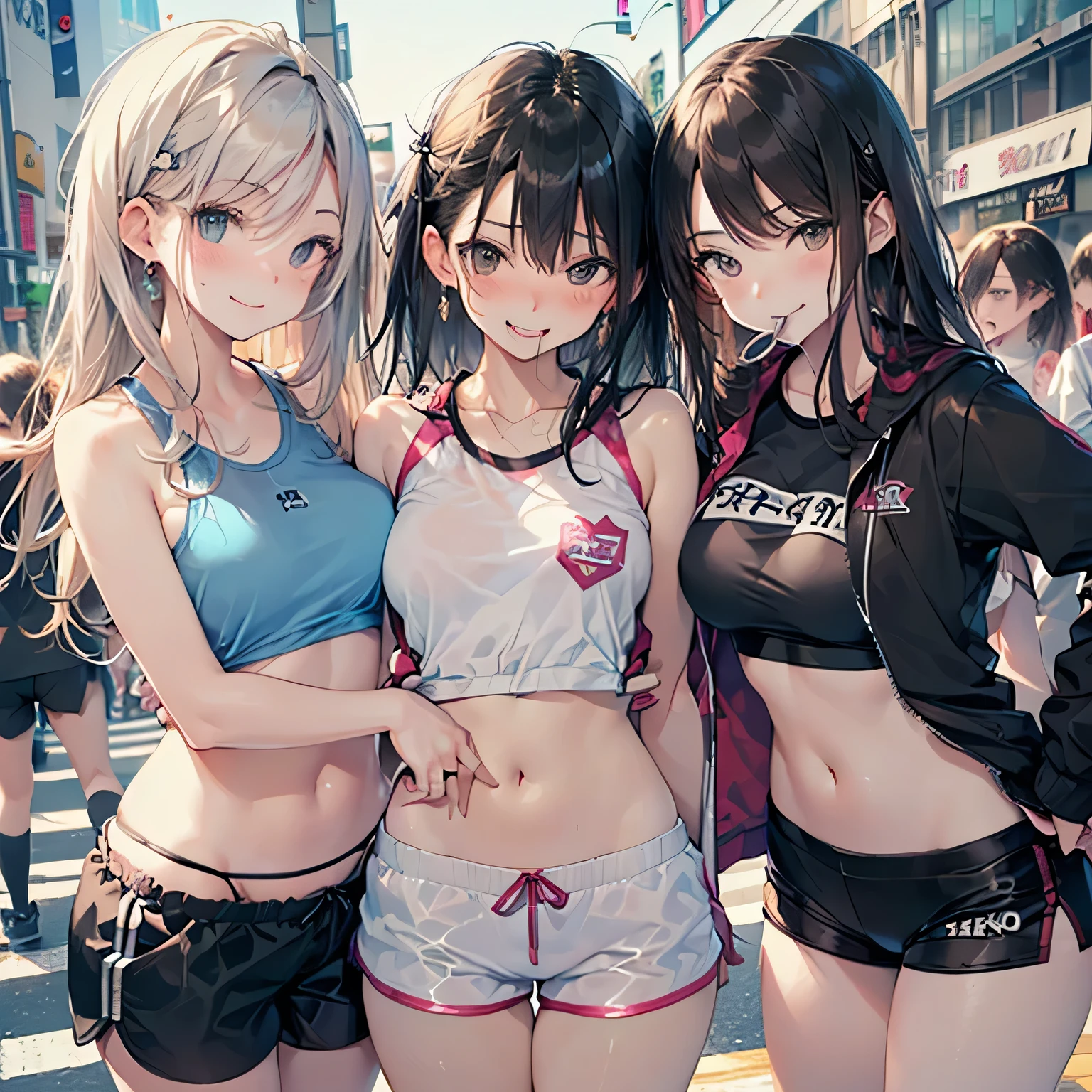 Three Women,Black Hair,14 years ,((Junior high school students)),Beautiful breasts,(((Sexy white shiny gym wear and shorts)))((rape))(((Blushing、Laughing with your mouth open)),(((Satin Nariko))),((( Portrait))),(A crowd of women watching at Shibuya Scramble Crossing),White gym uniform and shorts,