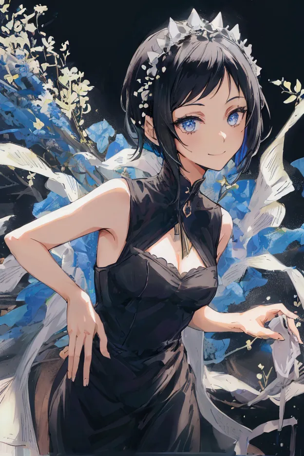 a girl mid short black hair  , small smile , nice detailed dress  black blue color