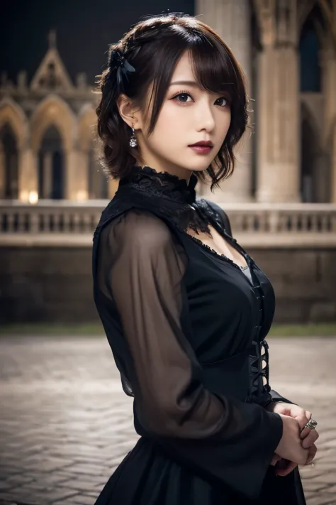 1 girl, (she is wearing a red dress:1.2), (gothic makeup), portrait of a very cute japanese symphonic metal singer, (raw photo b...