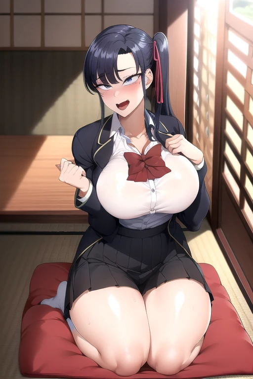 masterpiece, The best quality, Highly detailed , My name is Skr-KJ, black skirt, hentai, Open mouth, corrupted, brainwashed, busty, curved,expression idiot ahegao cross-eyed, smile, pleated skirt, camisa de cuello, long sleeves, session, closed mouth, school uniform, jacket, Hair ribbon, flower, socks, inside, lateral collection, socks, Red bow, seiza, tatami, sliding doors, vase, hands on thighs, on zabuton, big thighs; cara expresion ahegao, fucking bitch, perverted, inviting, thirsty