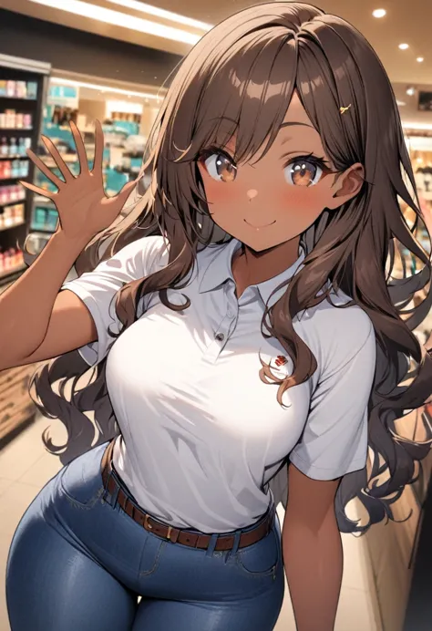 one girl, tan skin, brown hair, teal highlights in hair, brown eyes, wavy hair, long hair, white polo shirt, blue jeans, brown b...