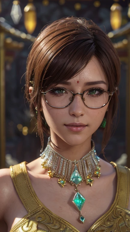 portrait, close-up, upper body. Short, red hair, green eyes, glasses with metal frames, green tunic, joyful smile, cheerful girl . (masterpiece, top quality, Best quality, official art, beautiful and aesthetically pleasing:1.2), extremely detailed,(fractal art:1.2),Colorful,The most detailed, (dynamic pose), (temple background:1.5), (Lots of crystal:1.4). ((SPLIT. Skin texture, shiny skin. elegance. photorealism. unreal engine. 3D model. Ultra high quality textures. High detail. permission 8k))