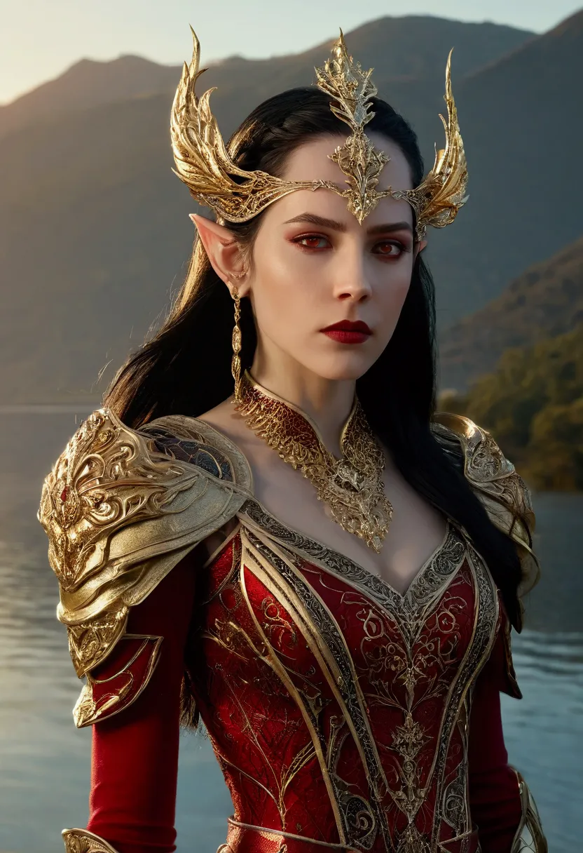 "a stunning, high-definition fantasy character standing in a serene outdoor setting at sunset, with distant mountains and a calm...