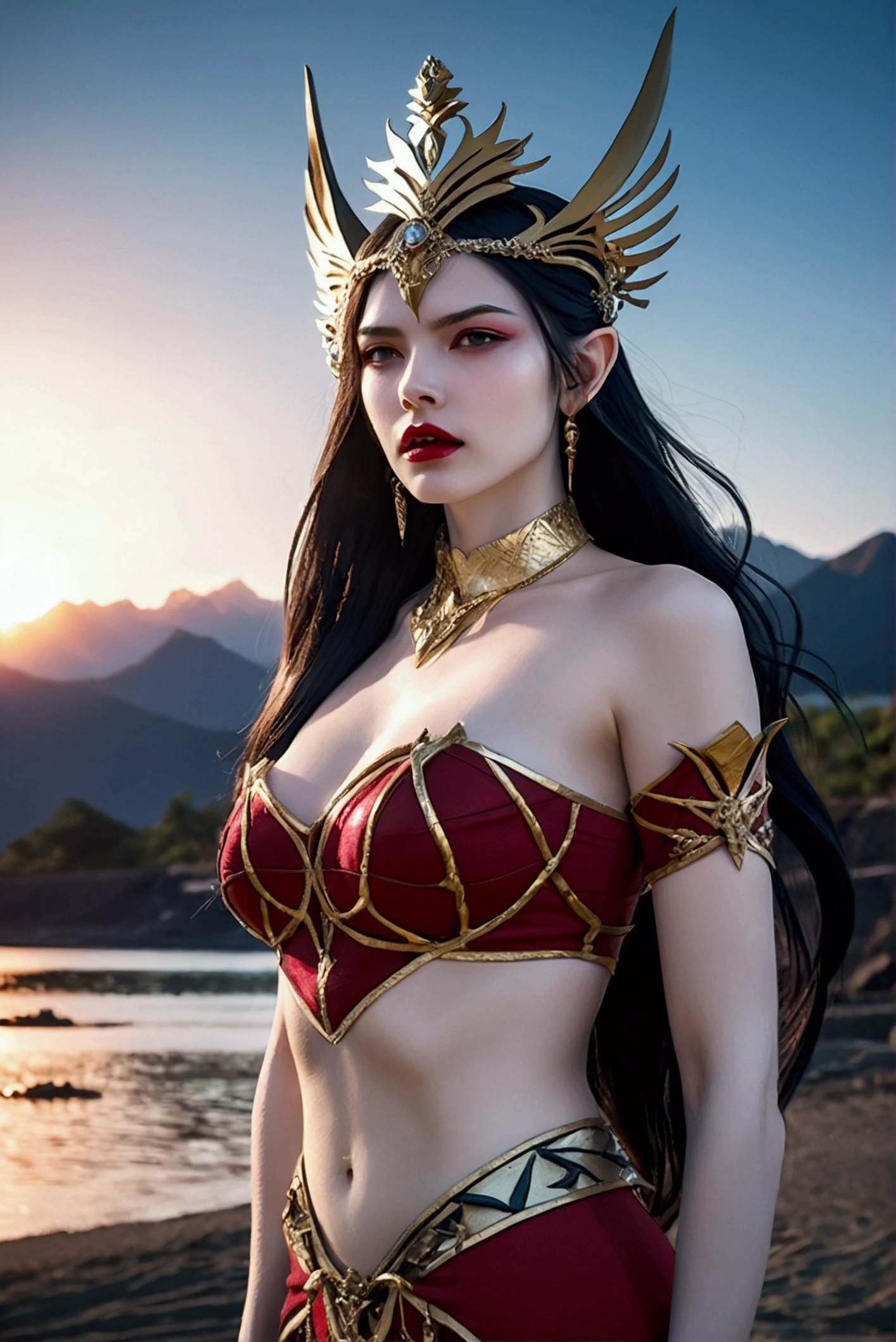 
"A stunning, high-definition fantasy character standing in a serene outdoor setting at sunset, with distant mountains and a calm body of water in the background. The female character has long, flowing black hair, pointed elf-like ears, and pale skin. She is adorned in ornate, red and gold armor with intricate details and metallic accents. Her headpiece is a striking golden crown with sharp, curved designs, adding a regal yet fierce appearance. She wears golden jewelry and a choker, and her expression is confident and determined, with bold red lips and intense eyes. The scene captures a balance of elegance, power, and mysticism."