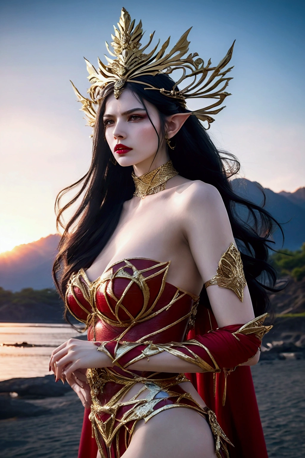 
"A stunning, high-definition fantasy character standing in a serene outdoor setting at sunset, with distant mountains and a calm body of water in the background. The female character has long, flowing black hair, pointed elf-like ears, and pale skin. She is adorned in ornate, red and gold armor with intricate details and metallic accents. Her headpiece is a striking golden crown with sharp, curved designs, adding a regal yet fierce appearance. She wears golden jewelry and a choker, and her expression is confident and determined, with bold red lips and intense eyes. The scene captures a balance of elegance, power, and mysticism."