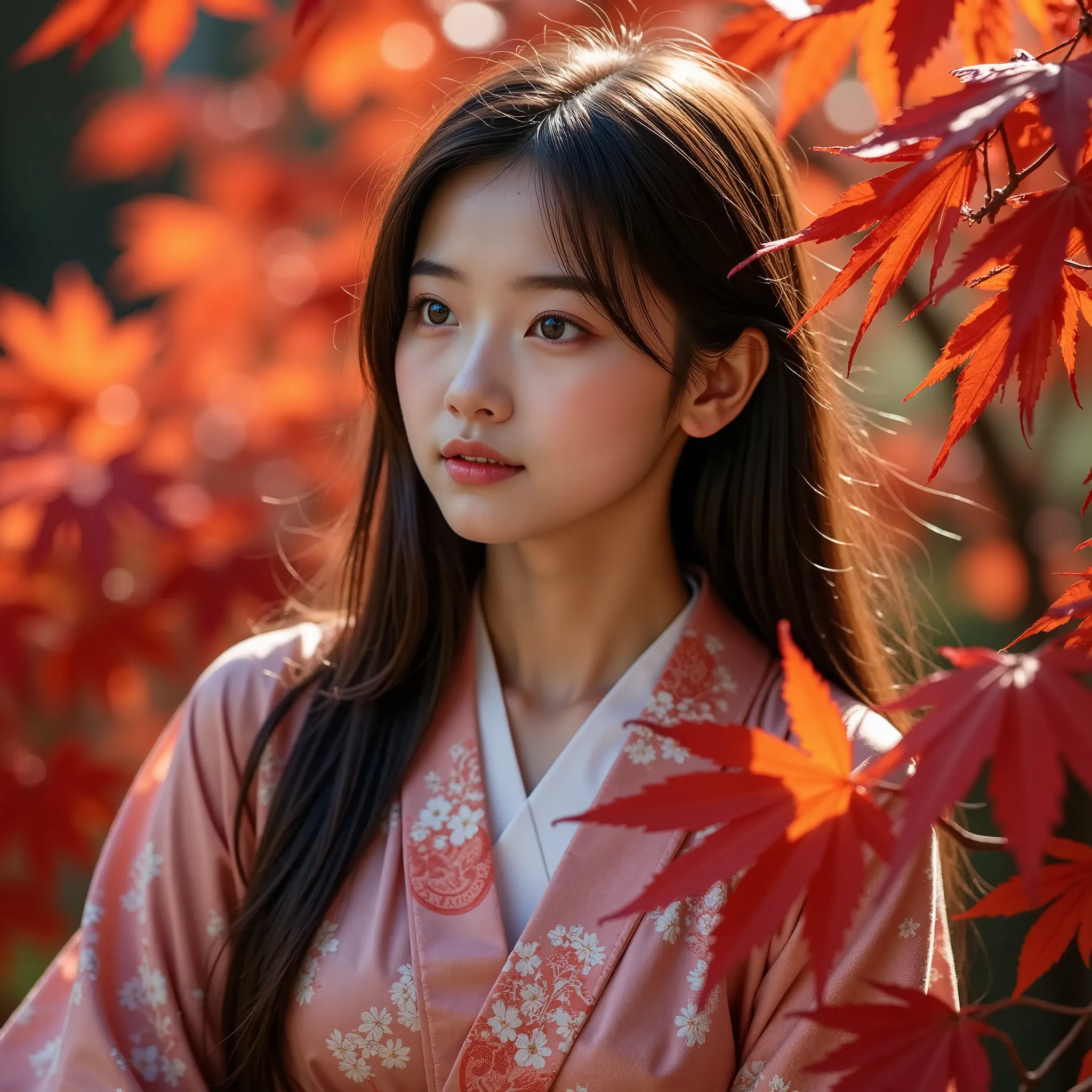 realistic portrait of a young woman in traditional kimono, sitting gracefully in a landscape of vibrant red maple leaves. autumn...