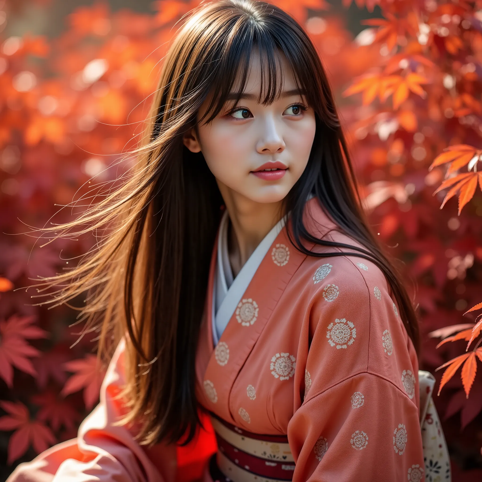 realistic portrait of a young woman in traditional kimono, sitting gracefully in a landscape of vibrant red maple leaves. autumn...