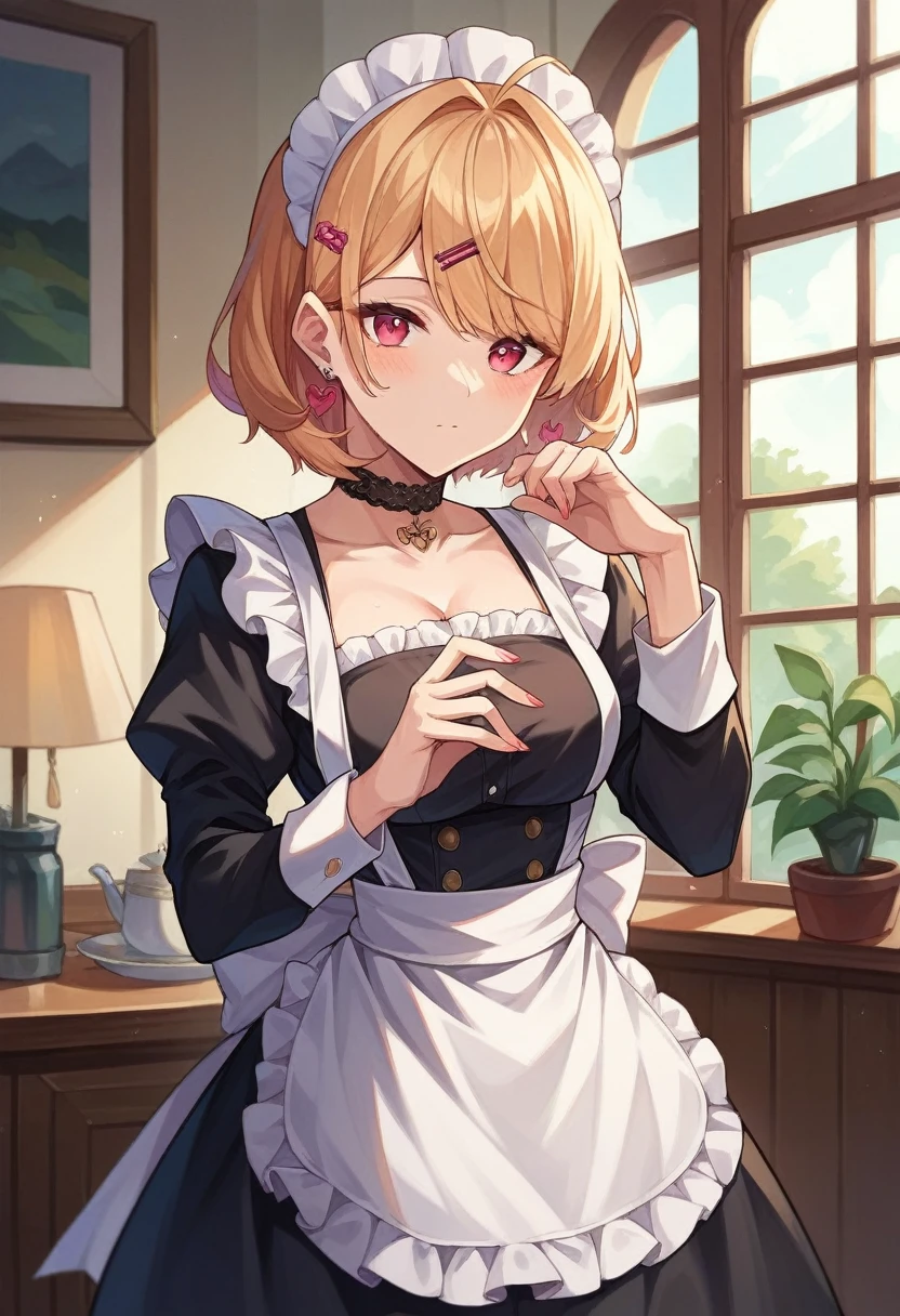 Nijisanji、Choker, Maid&#39;s Headdress, Black Kimono, Wide sleeves, frills, heart, White apron, Sleeves are longer than the wrist, skirt, red skirt、Huge breasts、smile