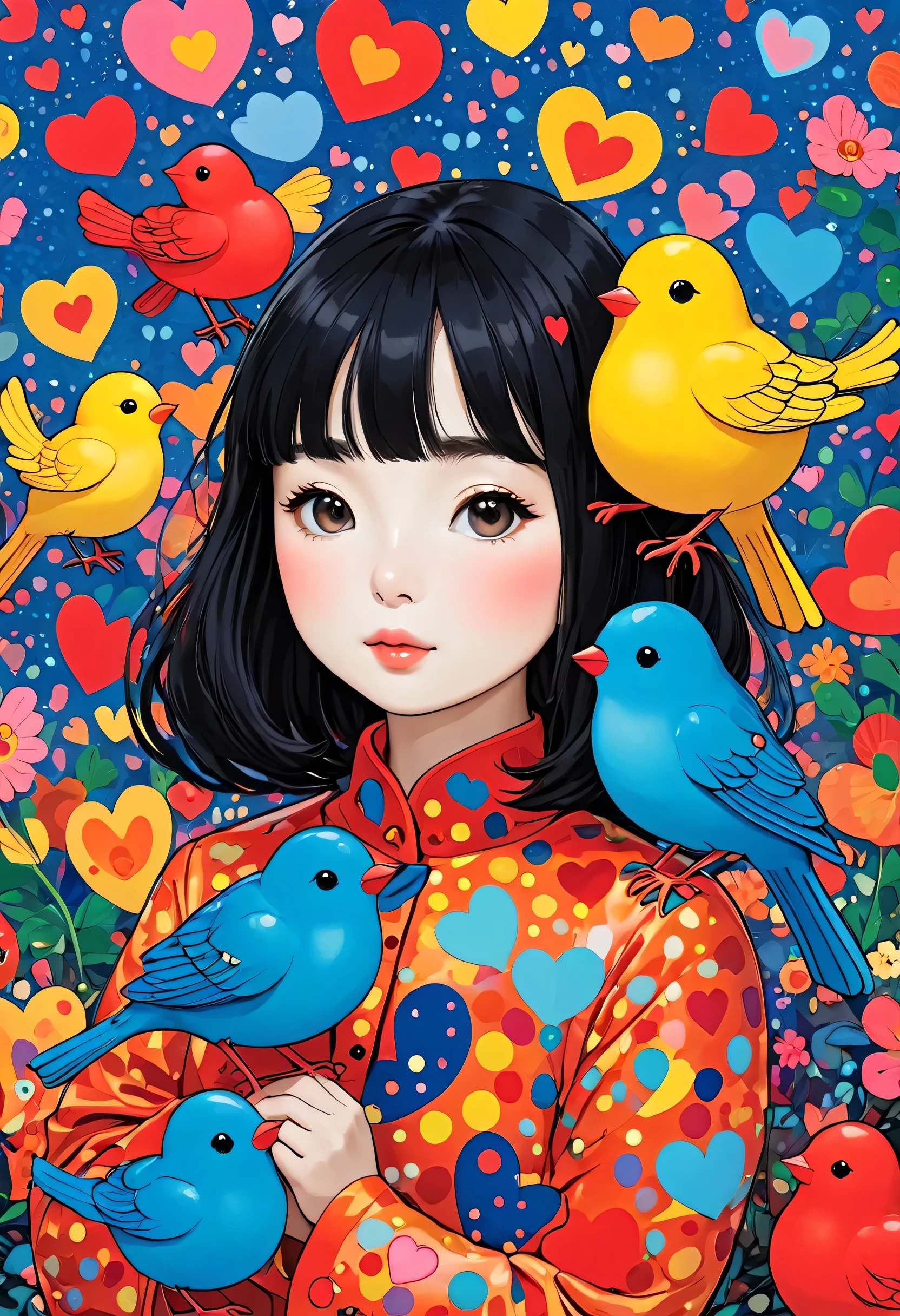 Ultra-realism Yayoi Kusama colorful style, Simple Line Initialism，Abstract art，(((The most beautiful girl of all time))), Chibi, colorful hearts, kawaii design, (((Cute little bird)))