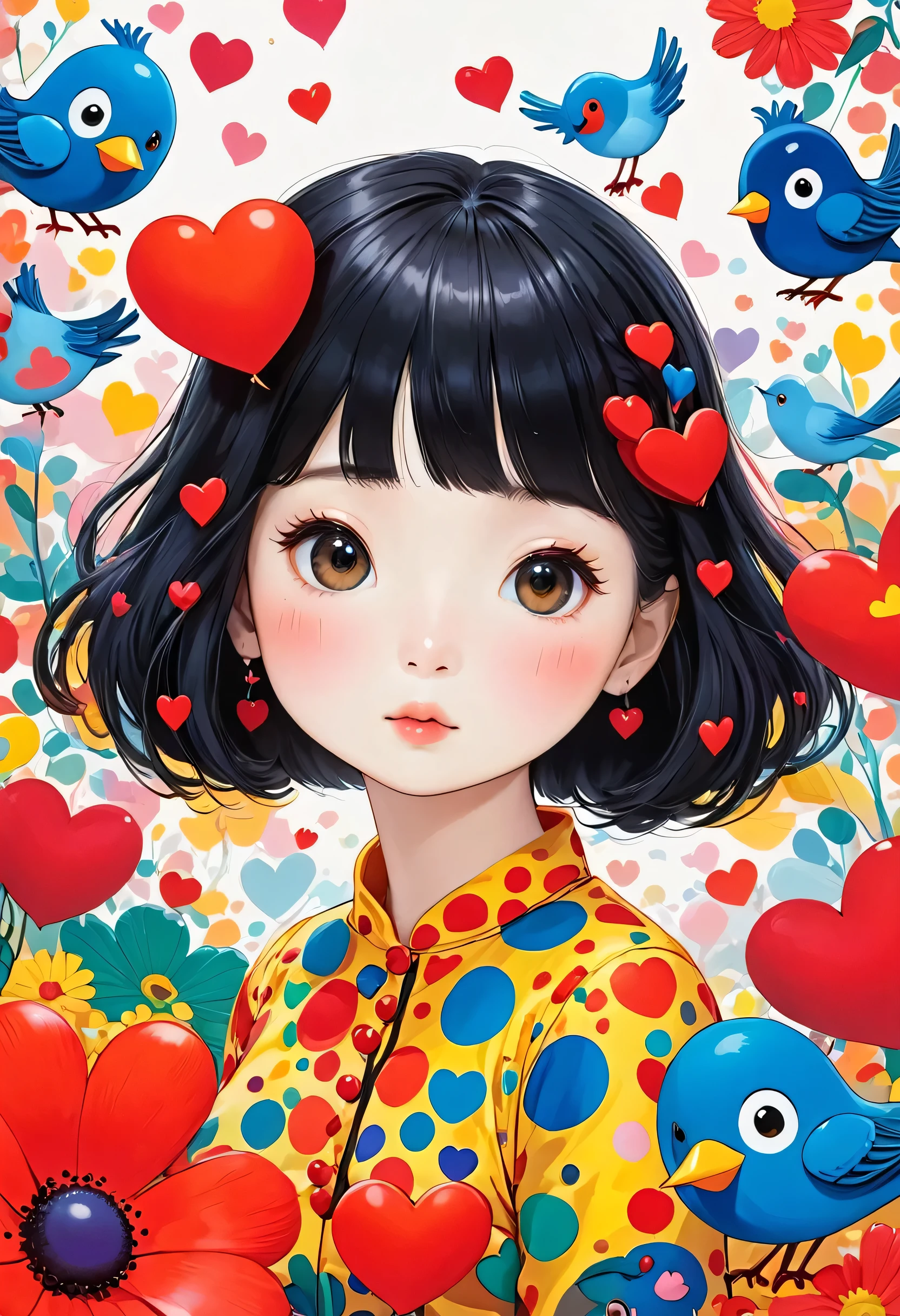 Ultra-realism Yayoi Kusama colorful style, Simple Line Initialism，Abstract art，(((The most beautiful girl of all time))), Chibi, colorful hearts, kawaii design, (((Cute little bird)))