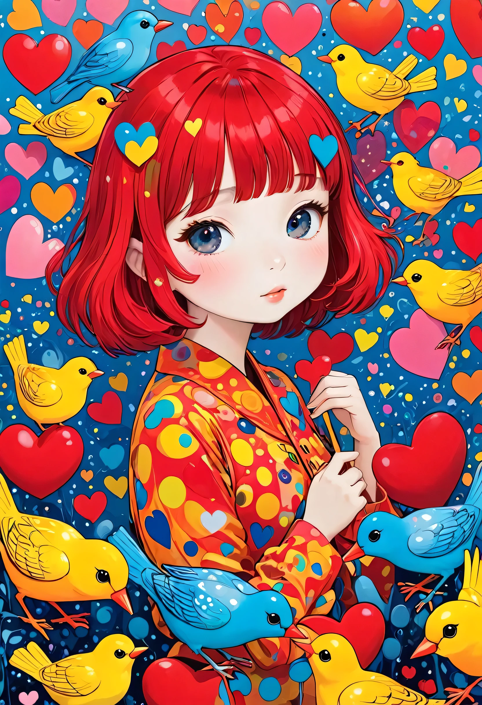 Ultra-realism Yayoi Kusama colorful style, Simple Line Initialism，Abstract art，(((The most beautiful girl of all time))), Chibi, colorful hearts, kawaii design, (((Cute little bird)))