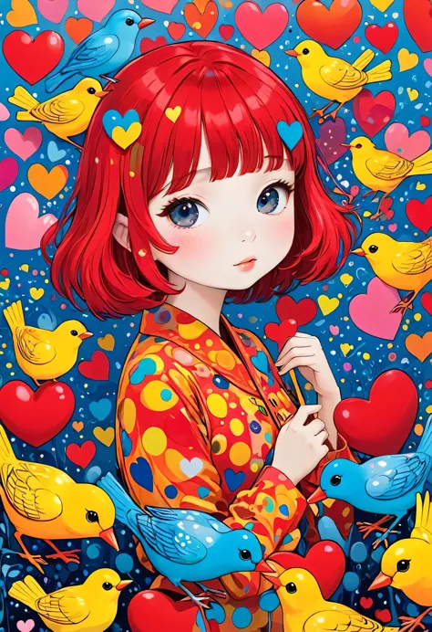 ultra-realism yayoi kusama colorful style, simple line initialism，abstract art，(((the most beautiful girl of all time))), chibi,...