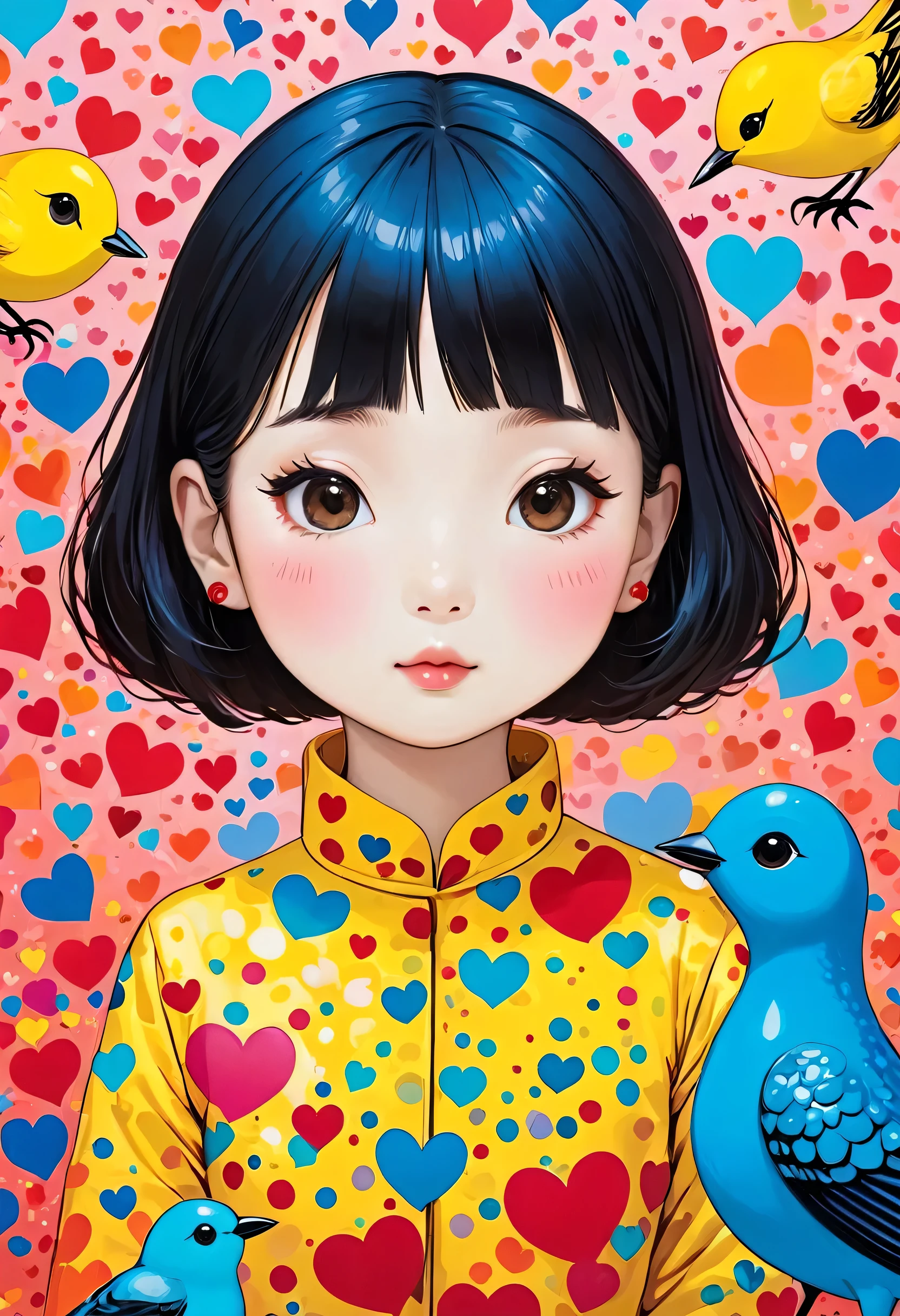 Ultra-realism Yayoi Kusama colorful style, Simple Line Initialism，Abstract art，(((The most beautiful girl of all time))), Chibi, colorful hearts, kawaii design, (((Cute little bird)))