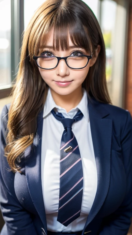 Beautiful girl with big breasts, Big hips, A beautiful hourglass-shaped body, Schoolgirl uniform, Black-rimmed glasses, Ugly Face,Protruding front teeth、Many freckles on the face、Acne face、Dirty hair、Unwashed uniform、Unshaved arms and legs、 After class、In the school building, (Best Quality,4K,8k,High resolution,masterpiece:1.2),Super detailed,(Realistic,photoRealistic,photo-Realistic:1.37),One girl,Beautiful detailed eyes,Beautifully detailed lips,Highly detailed eyes and face,Long eyelashes,School Uniform,Office Lady,Pleated skirt,thighhighs,Detailed Background,Warm lighting,Intricate details,Cinematic Lighting,Highly detailed facial features