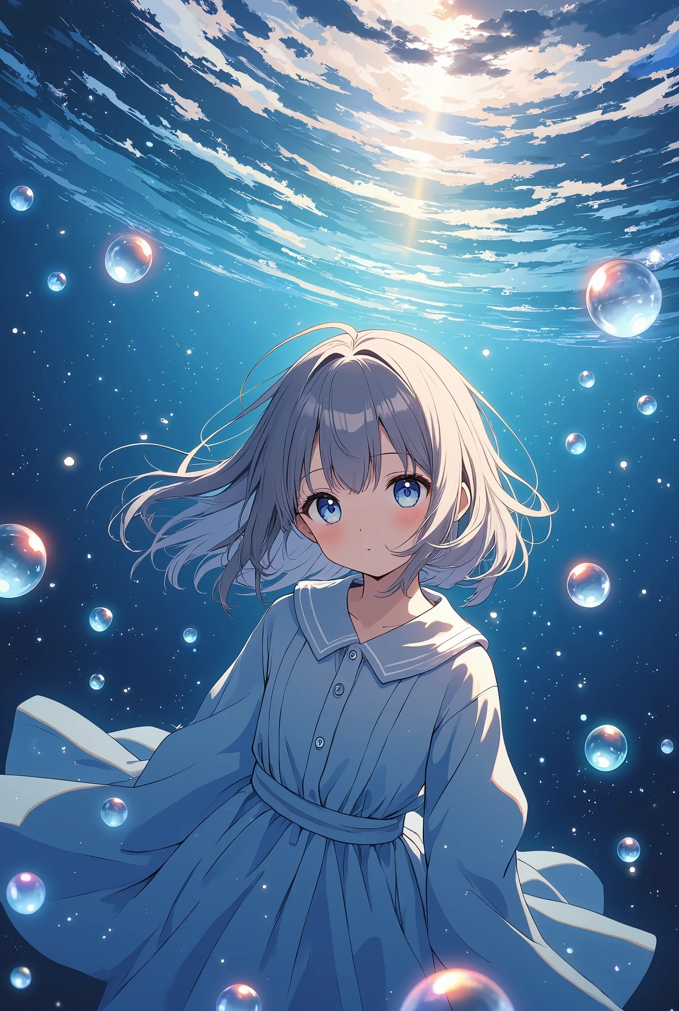 Light lines and light colors、Bubbles spread all over、A work that mainly uses bubbles、Beautiful bubble expression、Girl in the water、cute、The contrast between the deep blue and light blue of the deep sea