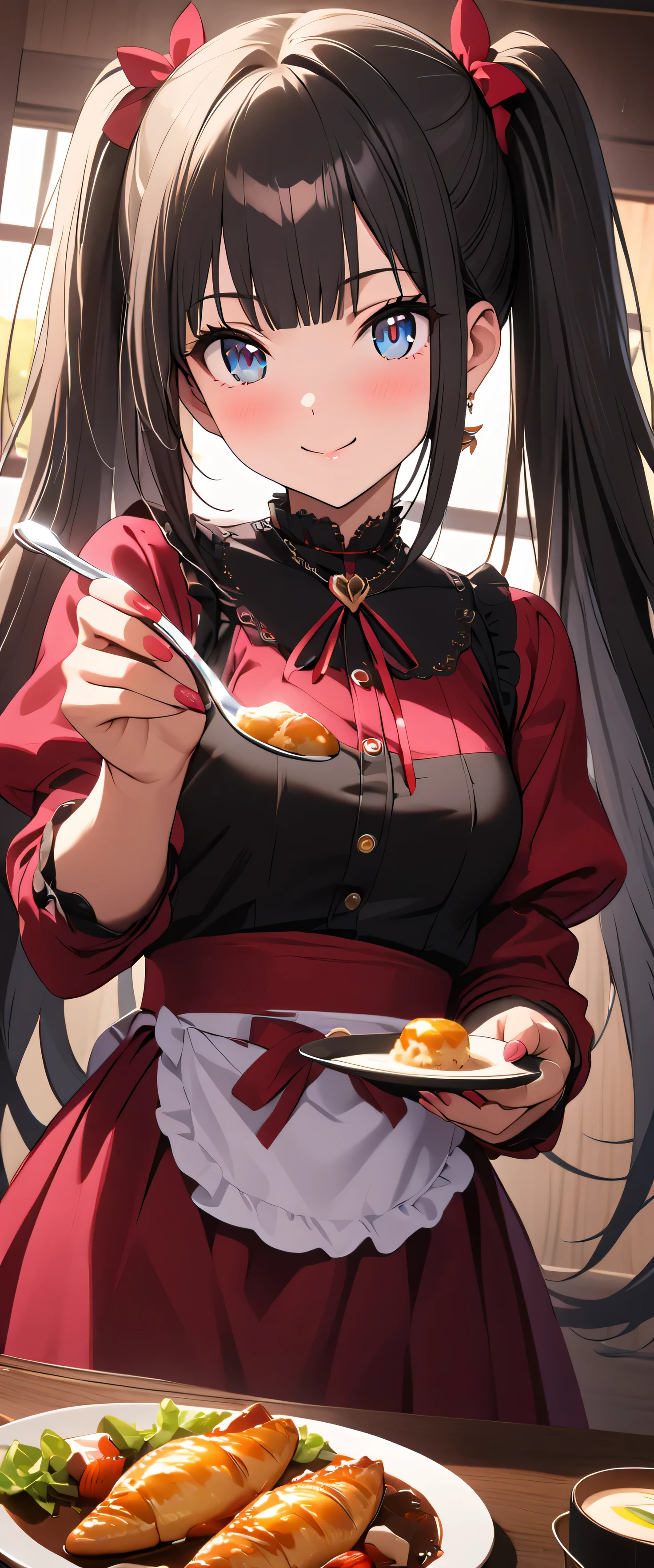 (beautiful girl: 1.3),One girl,masterpiece, Please redeem, Ultra-high resolution,Rich contrast,super high quality,8k,High-definition CG unit wallpaper,Texture,Very absurd,Ultra-high resolution,RAW Photos,Please redeem anime,Depth of written boundary 1.2,(Black Hair,high twintails,Straight bangs),Very detailed eyes,Glowing Skin,Glitter Effect,Beautiful glossy lips,restaurant,A girl who looks about ,smile,closed mouth,recorder,feeding,She puts the food in a spoon and feeds it to me,Tilt your head