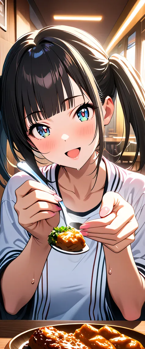 anime girl eating a bowl of food in a restaurant