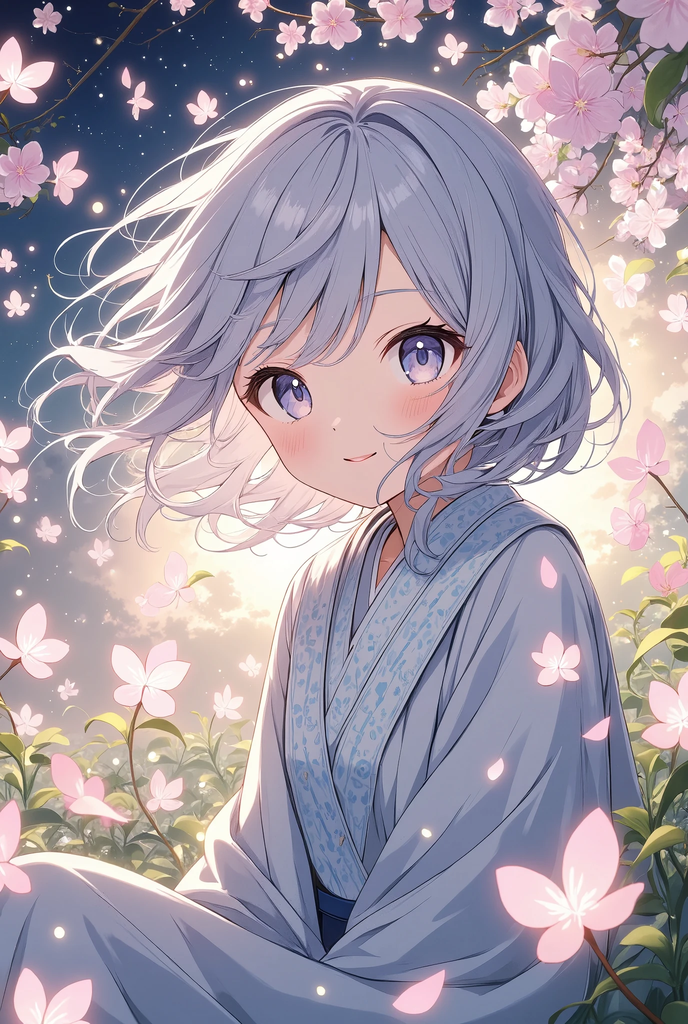 The pale lines and soft colors create a dreamy, ephemeral impression..,One Woman、Cherry blossom background in full bloom、Gorgeous kimono、Beautiful monster girl、Beautiful work