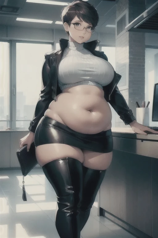 (Best quality), (high resolution), (detailed),1woman, curvy lady, chubby belly, thicc, pixie cut, black skirt, high heel boots, cropped jacket, fashion pose, office siren style, glasses