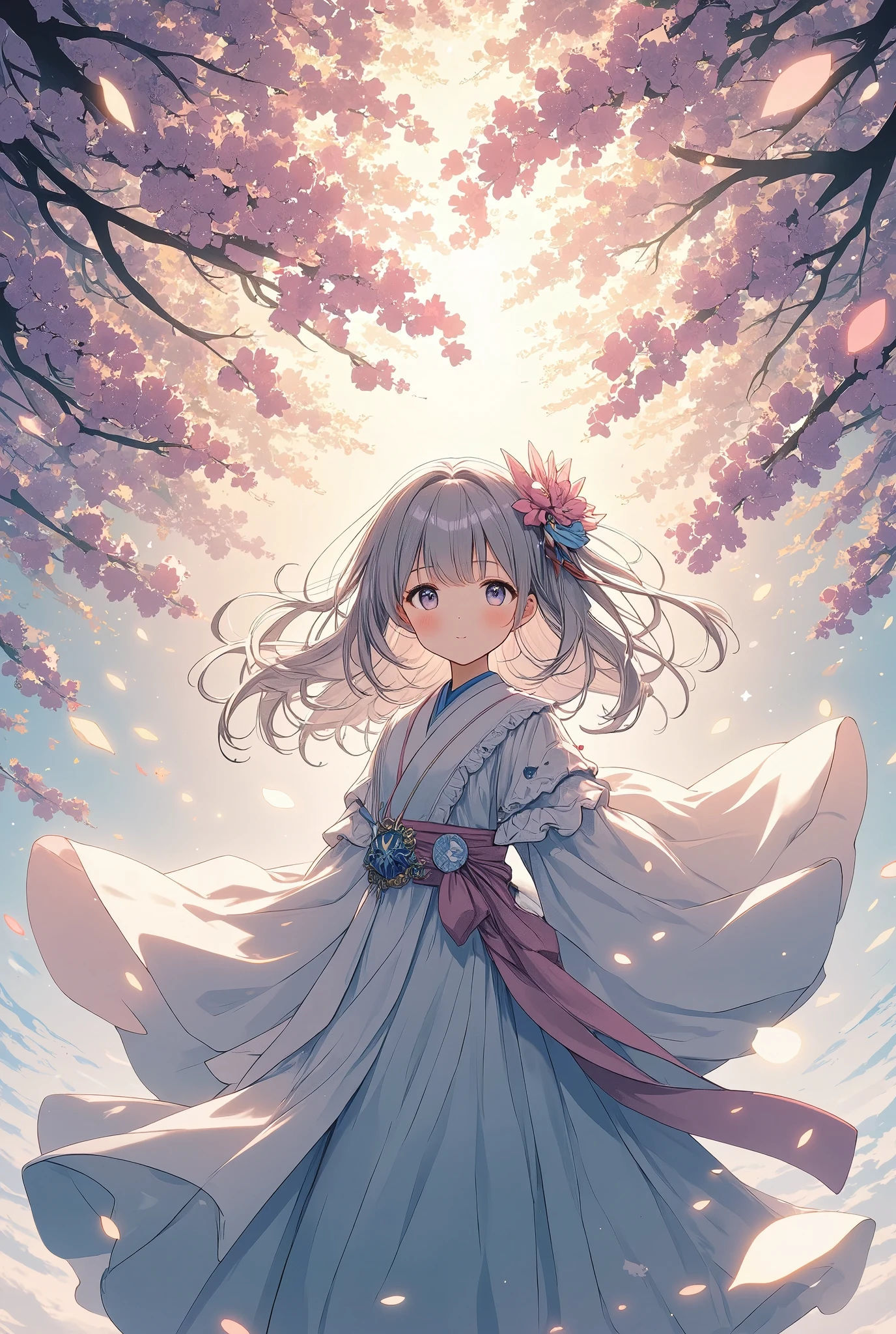 The pale lines and soft colors create a dreamy, ephemeral impression..,One Woman、Cherry blossom background in full bloom、Gorgeous kimono、Beautiful monster girl、Beautiful work