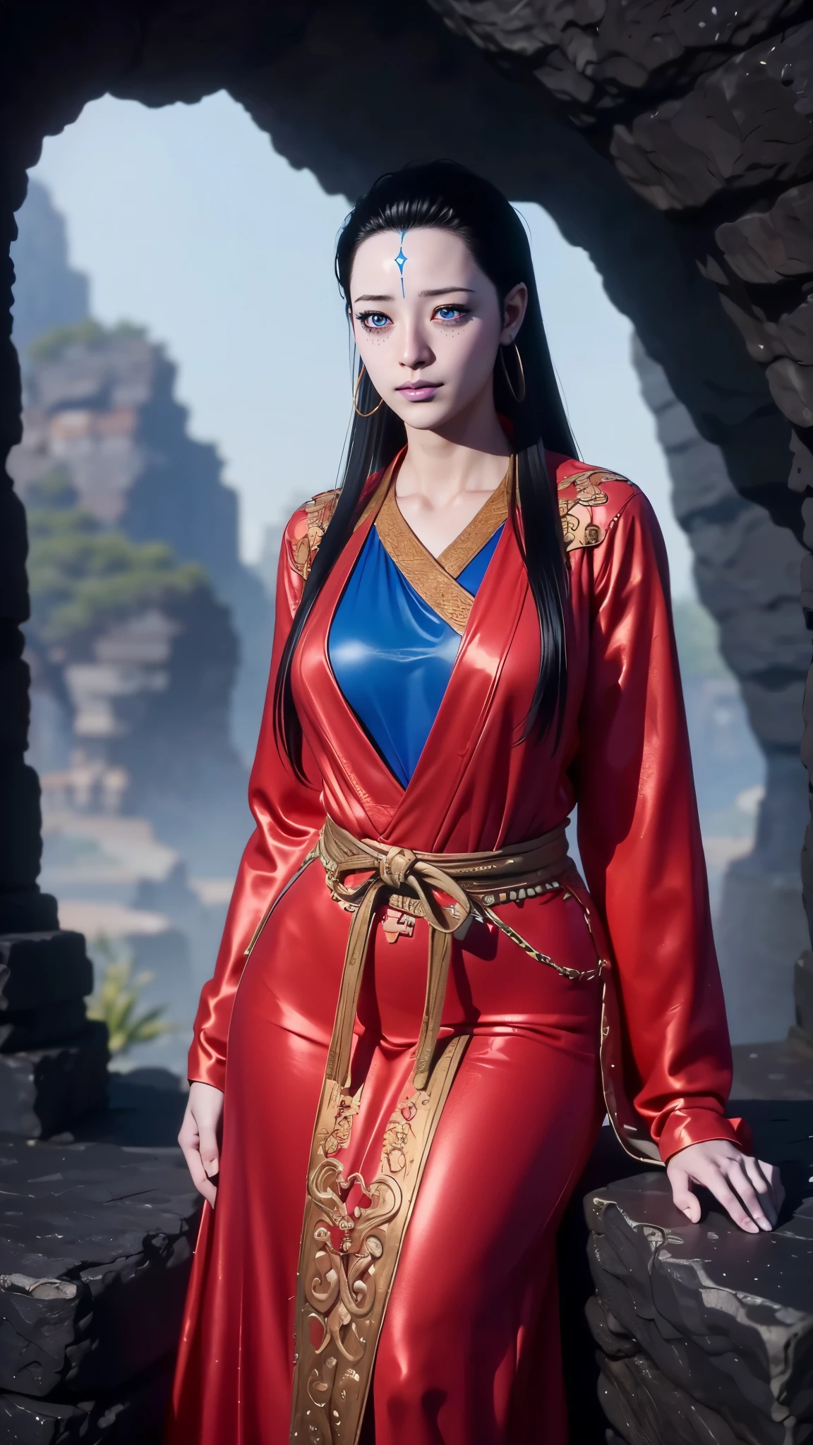 (（（figure，御姐figure，,Fair skin,（（（Blue Bikini，White shawl）））,(（（Black Myth: Wukong - Kang Jinlong，forehead mark，Blue marks on the forehead, rings on both ears,））),((masterpiece)),highres,((Best quality at best)),masterpiece,quality,Best quality,(（（ Exquisite facial features,Looking at the audience,There is light in the eyes, ）））,Medium bust size，Dynamic poses，，）））