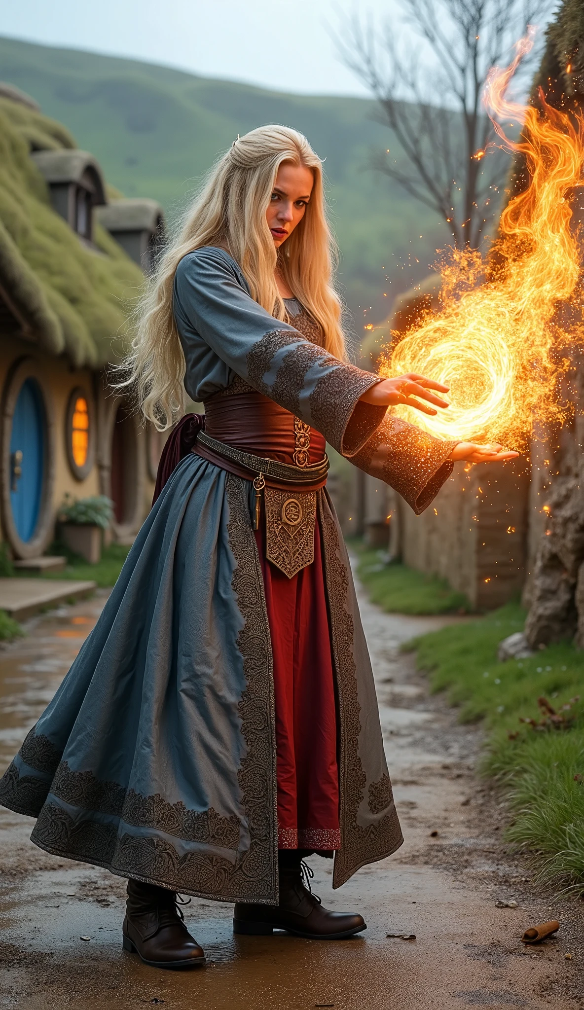 beautiful sorceress with long blonde hair, dressed in a magical blue-gray-red robe, throws fireball in dynamic fighting pose against backdrop of picturesque hobbit village, concentration, cold atmosphere, strange mixture of colors, boots, full height