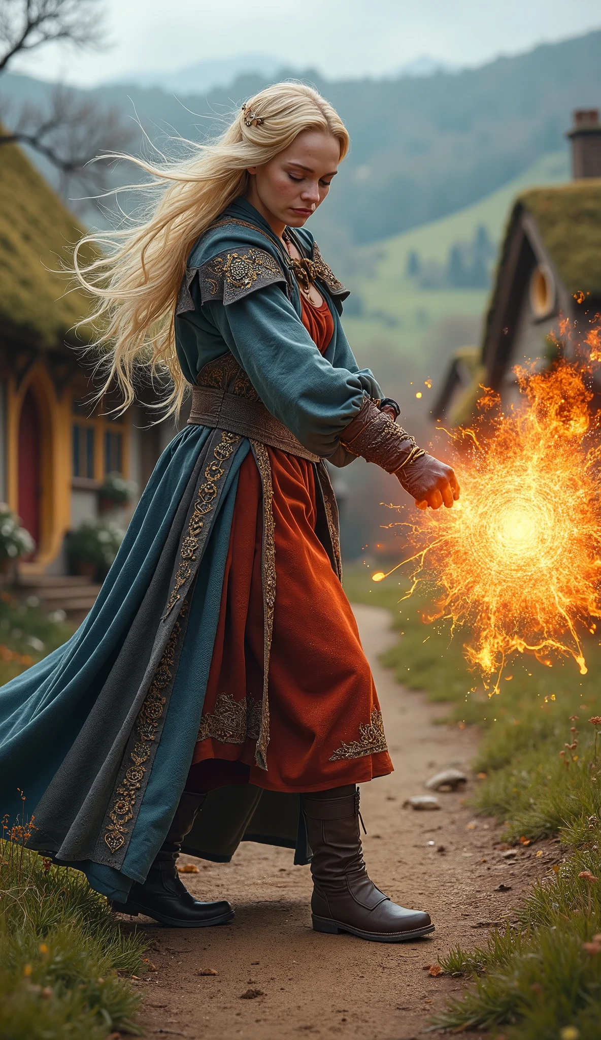 beautiful sorceress with long blonde hair, dressed in a magical blue-gray-red robe, throws fireball in dynamic fighting pose against backdrop of picturesque hobbit village, concentration, cold atmosphere, strange mixture of colors, boots, full height