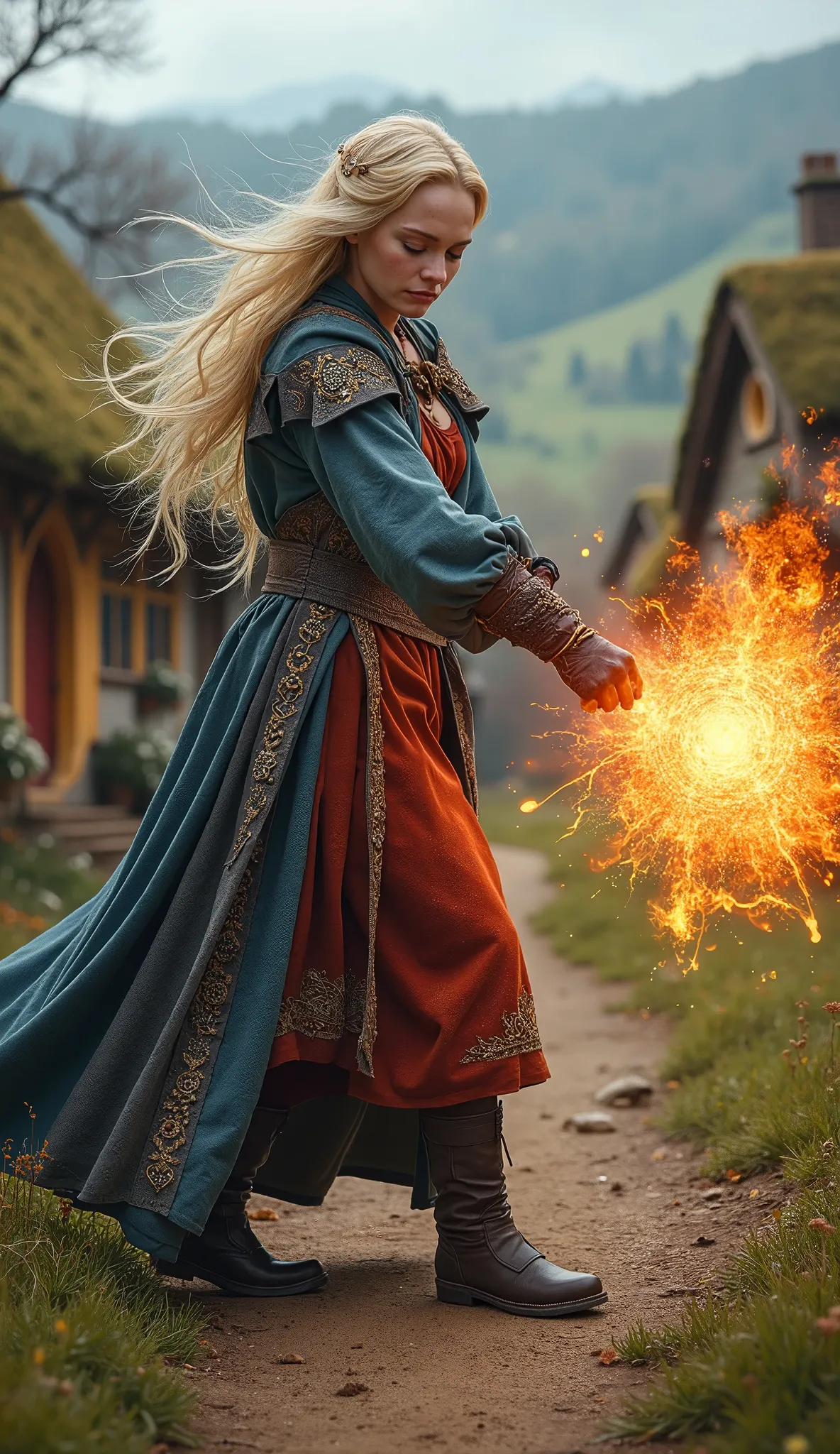 beautiful sorceress with long blonde hair, dressed in a magical blue-gray-red robe, throws fireball in dynamic fighting pose aga...