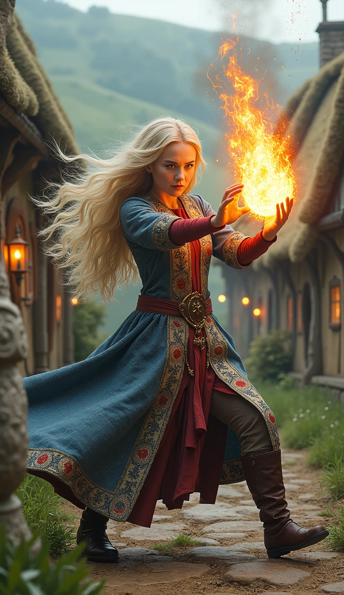 beautiful sorceress with long blonde hair, dressed in a magical blue-gray-red robe, throws fireball in dynamic fighting pose against backdrop of picturesque hobbit village, concentration, cold atmosphere, strange mixture of colors, boots, full height