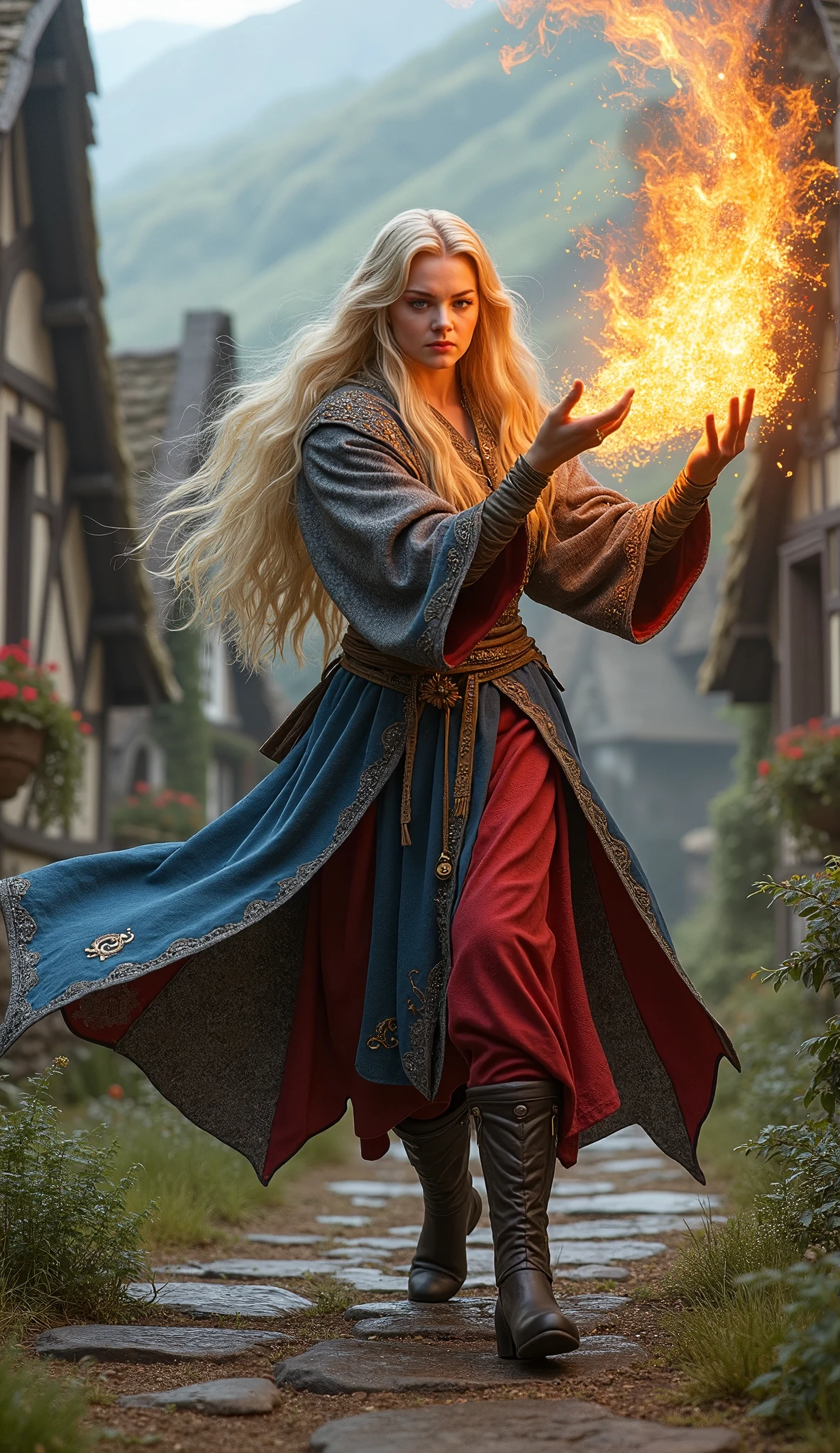 beautiful sorceress with long blonde hair, dressed in a magical blue-gray-red robe, throws fireball in dynamic fighting pose against backdrop of picturesque hobbit village, concentration, cold atmosphere, strange mixture of colors, boots, full height