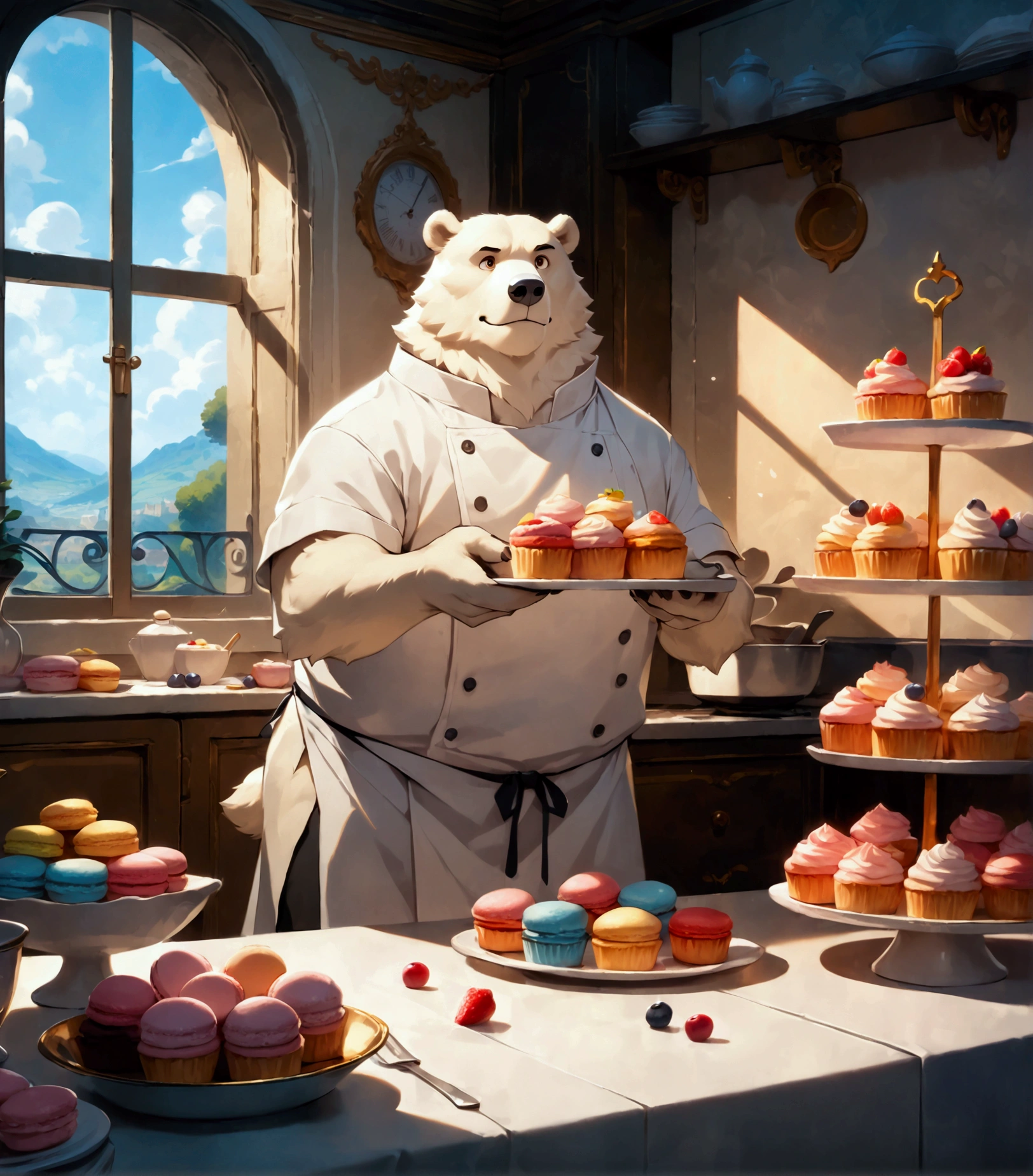 pastry chef, plump middle-aged polar bear man, full body in Michelangelo Buonarroti style, character focus, 1boy, full body, looking away, dynamic angle, BREAK complete anatomy, perfect proportions, beautiful thigh gap, fluffy body, intricate fur details, beautiful fur texture, BREAK detailed polar bear tail, detailed boots, BREAK detailed hands, 5fingers, 5fingers nails, BREAK aesthetic anime face, insanity detailed face, male face, big face, square jawline, aesthetic anime eyes, detailed brown eyes, detailed brown cornea, detailed dark brown irises, detailed pupils, male eyes, big eyes, male eyebrows, innocent look, beautiful beard, BREAK happy, little smile, chef's hat, costume, boots, cook a cake, a beautiful pastel-colored patisserie, intricate and delicate cakes, delicate floral decorations, perfectly arranged dessert display, assorted fruits, sugar flowers, macarons, cupcakes, tarts, sweet treats, dynamic pose, BREAK [simple background:12], detailed painting landscape, morning, patisserie, kitchen, indoor, france, masterpiece, official art, best quality, very aesthetic, absurdres, super fine illustration, great quality, BREAK noise reduction, very highres, large filesize, high quality, 32K, 8k wallpaper, dynamic lighting, BREAK insanity detailed, ultra detailed, intricate details, extremely detailed, detailed texture, an extremely delicate and beautiful, full color, HDR, BREAK e621 uncut tag, Fur Affinity illustration, osukemo, kemohomo, anthropomorphic, furry, cartoon, harmonious, pastoral, virtuous, BREAK digital illustration anime