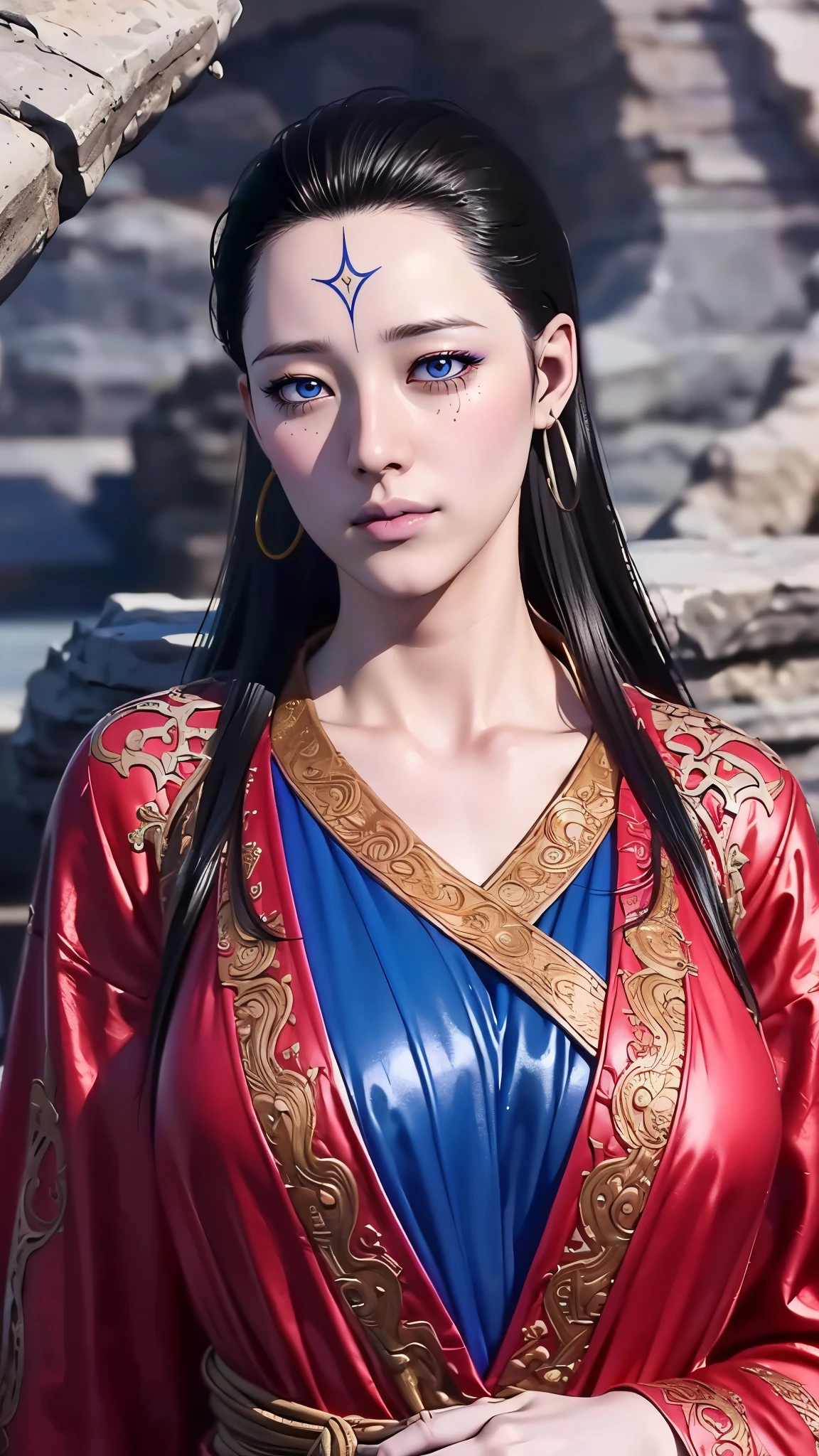 (（（figure，御姐figure，,Fair skin,（（（Blue Bikini，White shawl）））,(（（Black Myth: Wukong - Kang Jinlong，forehead mark，Blue marks on the forehead, rings on both ears,））),((masterpiece)),highres,((Best quality at best)),masterpiece,quality,Best quality,(（（ Exquisite facial features,Looking at the audience,There is light in the eyes, ）））,Medium bust size，Dynamic poses，，）））