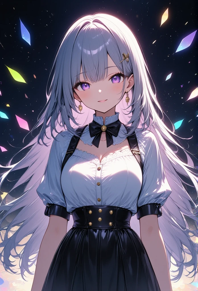 Young beautiful woman,(Best Quality,Extremely detailed depiction,Incredibly absurd high definition,Anatomically accurate,Beautiful legs,Porcelain-like skin,High quality anime drawings:2.0),(Black and white gothic maid outfit,Maid Skirt,corset,Black tights),eyelash,(Silver Hair,Purple Eyes,Eyes half closed:1.5,Unfriendly expression,Large Breasts,Glossy black lips:1.5,Heavy makeup),(whole body),background:Castle,Dramatic lighting,Volumetric lighting,Lots of big rainbow bubbles:1.5,Mysterious atmosphere