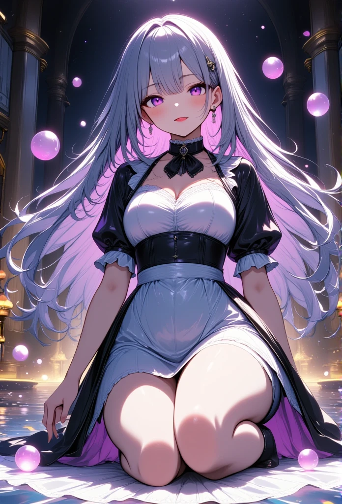 Young beautiful woman,(Best Quality,Extremely detailed depiction,Incredibly absurd high definition,Anatomically accurate,Beautiful legs,Porcelain-like skin,High quality anime drawings:2.0),(Black and white gothic maid outfit:2.0,Maid Skirt,corset,Black tights),eyelash,(Silver Hair,Purple Eyes,Eyes half closed:2.3,Unfriendly expression,Large Breasts,Glossy black lips:2.0,Heavy makeup),(whole body),background:Castle,Dramatic lighting,Volumetric lighting,Lots of big rainbow bubbles:2.0,Mysterious atmosphere