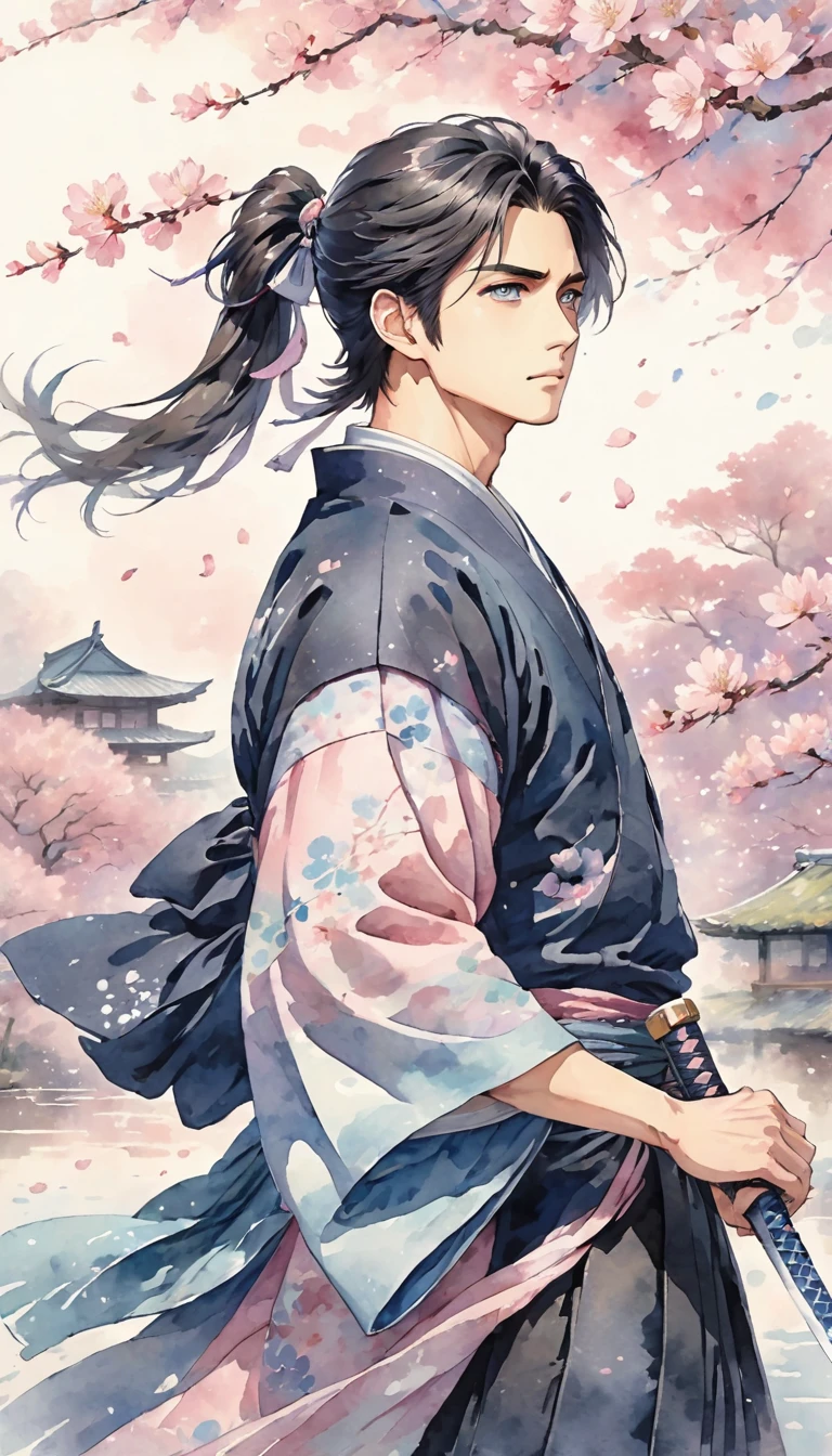 young, A handsome Japanese samurai、Long black hair tied in a loose ponytail, Painted in pastel watercolor anime style. His hair is blowing in the breeze, Be kind to him, Introspective appearance. He is wearing a dark haori and hakama., Subtle samurai armor details are hidden underneath, on the other hand、His right hand rests lightly on the hilt of his sword. His expression is calm、Slightly sad, His eyes show strength and emotion. Background is soft, Pink calm pastel tones, Blues, Purple and, Cherry blossom petals are dancing slowly around him.. Watercolor effect is flowing, Gentle colors that create a calm and nostalgic atmosphere, Highlighting his elegant yet emotional aura.