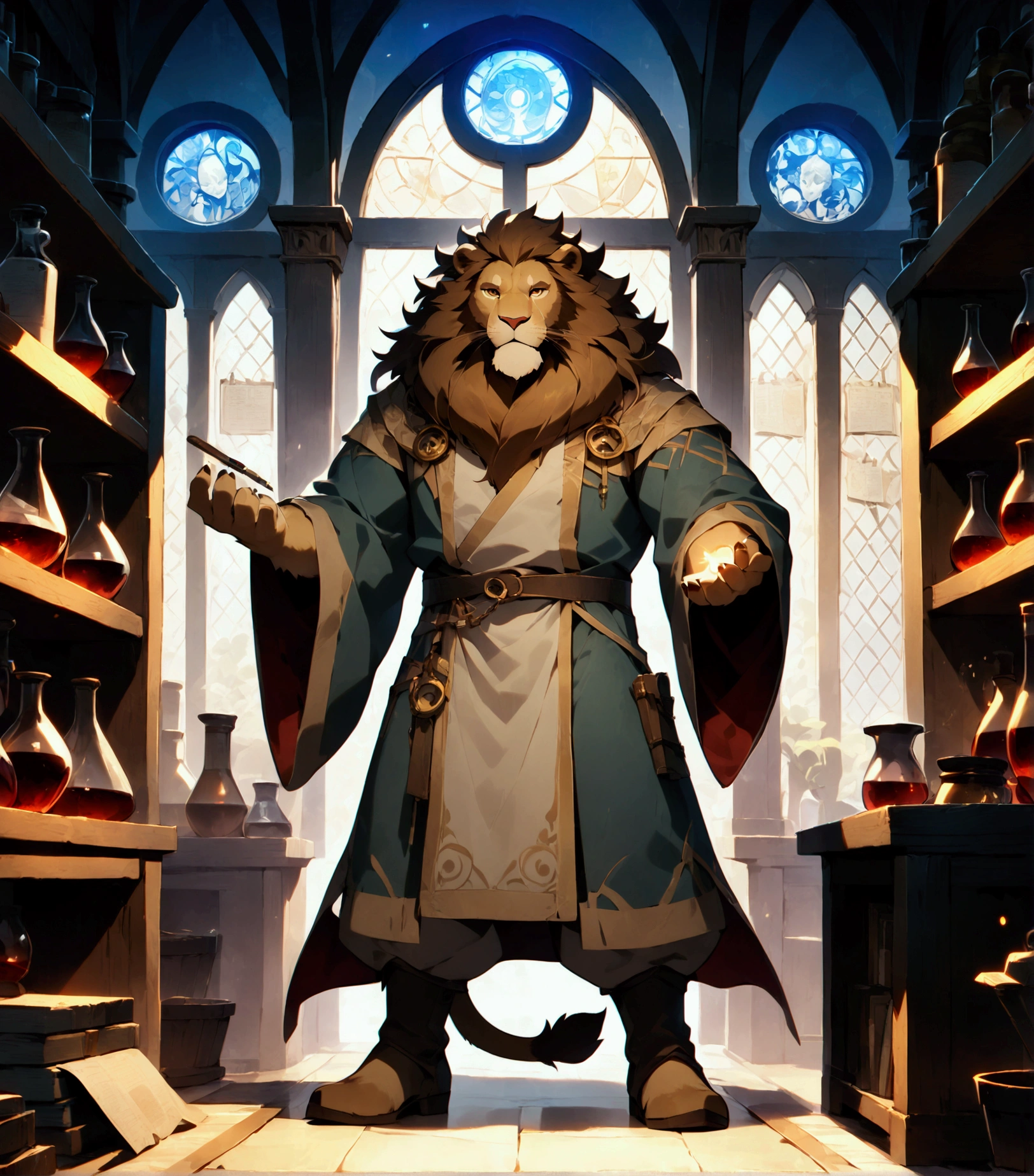 alchemist, plump middle-aged lion man, full body in Michelangelo Buonarroti style, digital illustration anime, character focus, 1boy, full body, looking away, dynamic angle, BREAK complete anatomy, perfect proportions, beautiful thigh gap, fluffy body, intricate fur details, beautiful fur texture, BREAK detailed elegant lion tail, detailed boots, beautiful foot, detailed hands, 5fingers, 5fingers nails, BREAK aesthetic anime face, insanity detailed face, male face, big face, square jawline, aesthetic anime eyes, detailed brown eyes, detailed brown cornea, detailed dark brown irises, detailed pupils, male eyes, big eyes, male eyebrows, innocent look, beautiful beard, BREAK little smile, alchemy robe, standing, (shaking a test tube), elegant pose, [simple background::12], alchemy shop, indoor, BREAK masterpiece, official art, best quality, very aesthetic, absurdres, super fine illustration, great quality, BREAK noise reduction, very highres, large filesize, high quality, 32K, 8k wallpaper, dynamic lighting, BREAK insanity detailed, ultra detailed, intricate details, extremely detailed, detailed texture, an extremely delicate and beautiful, full color, HDR, BREAK e621 uncut tag, Fur Affinity illustration, osukemo, kemohomo, anthropomorphic, furry, cartoon, harmonious, virtuous, pastoral atmosphere