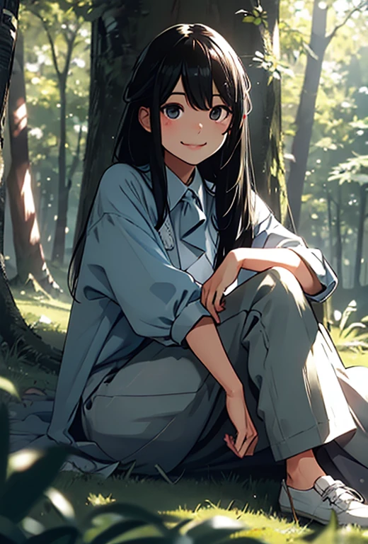 1人の女性、Black Hair、Long Hair、Slanted Eyes、Symmetrical face、smile、jacket、Long skirt、Sitting on the grass、forest、small animals、Bright light、Best Quality、High image quality、masterpiece、Detailed write-up、Beautiful artwork