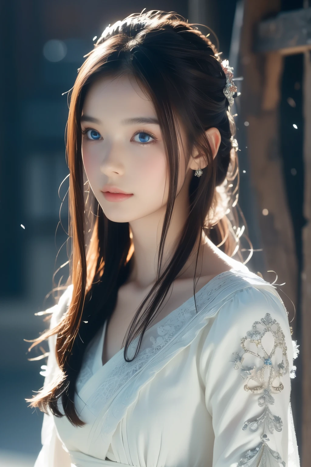 ( masterpiece, top quality, best quality,8k, girl,ultra detailed,raw photo:1.5),(photorealistic:1.4),(cinematic lighting), PerfectNwsjMajic, , Surrealism, UHD, ccurate, Super detail, textured skin, High detail, Best quality, dynamic angle, (high nose,White skin),[Beautiful blue eyes],[flat chest:large breasts:0.5],(1girl),(good anatomy:0.5)),a woman in a dress with a sword, a beautiful fantasy empress, ((a beautiful fantasy empress)), beautiful fantasy maiden,snow