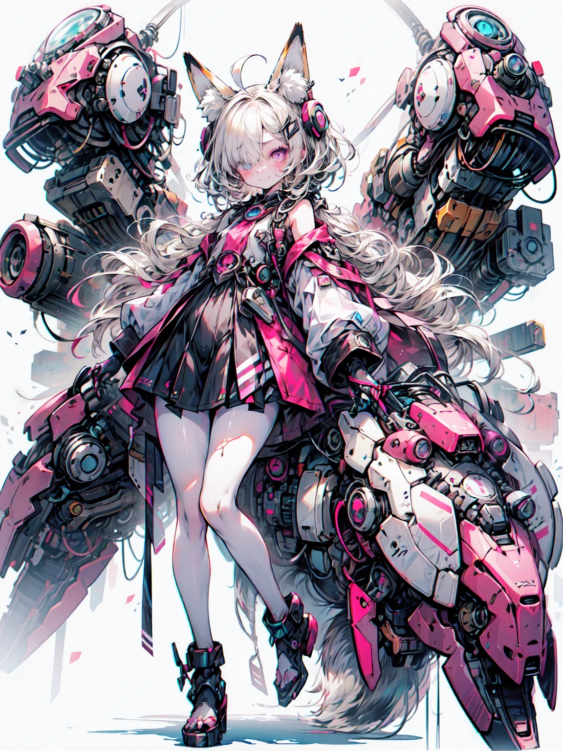 Best Quality,masterpiece,figure,One Girl,Alone,whole body,Fox Ears,Mecha,Mechanical,Chase after,White background,Mechanical leg,(Fluorescent color:1.5),(Laser Violet:1.1),,Fluorescent Pink, Blake、（Dark Elf), (1 girl), Alone, Perfect Face, Get used to it, Ahoge, ((Long Hair:1.2)), (Hair above one eye:1.3), [[Messy Hair]], Shiny Blonde, Purple eyes, Colorful eyes, Colorful Hair, Shining Eyes, (eyelash, Eyeshadow, pink Eyeshadow), bright, smile, Design Art：Haruhiko Mikimoto, Kawasaki, Yoshitaka Amano