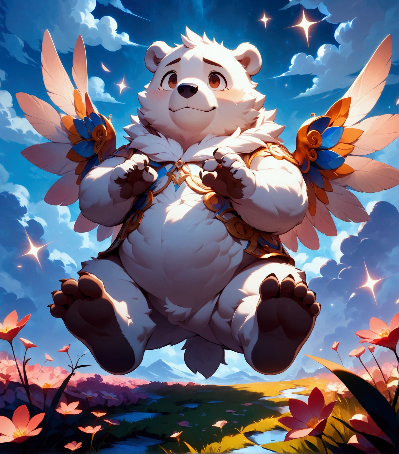 chibi, angel, plump middle-aged polar bear man, complete anatomy, angel wings, full body in Michelangelo Buonarroti style, digital illustration anime, character focus, 1boy, full body, looking away, dynamic angle, BREAK complete anatomy, perfect proportions, beautiful thigh gap, fluffy body, intricate fur details, beautiful fur texture, BREAK detailed bear tail, detailed toe, 5toes, 5toes nails, beautiful foot, BREAK detailed hands, 5fingers, 5fingers nails, BREAK cute face, aesthetic anime face, insanity detailed face, male face, big face, square jawline, aesthetic anime eyes, detailed brown eyes, detailed brown cornea, detailed dark brown irises, detailed pupils, male eyes, big eyes, male eyebrows, innocent look, beautiful beard, BREAK happy, light smile, rushing wind, hold with both hands quantum electromagnetic life form sacred sphere, spinning fly, cute pose, detailed painting landscape, twilight, kaleidoscopic swirls, outdoor, BREAK masterpiece, official art, best quality, very aesthetic, absurdres, super fine illustration, great quality, BREAK noise reduction, very highres, large filesize, high quality, 32K, 8k wallpaper, dynamic lighting, BREAK insanity detailed, ultra detailed, intricate details, extremely detailed, detailed texture, an extremely delicate and beautiful, full color, HDR, BREAK e621 uncut tag, Fur Affinity illustration, osukemo, kemohomo, anthropomorphic, furry, cartoon, harmonious, pastoral, virtuous atmosphere 