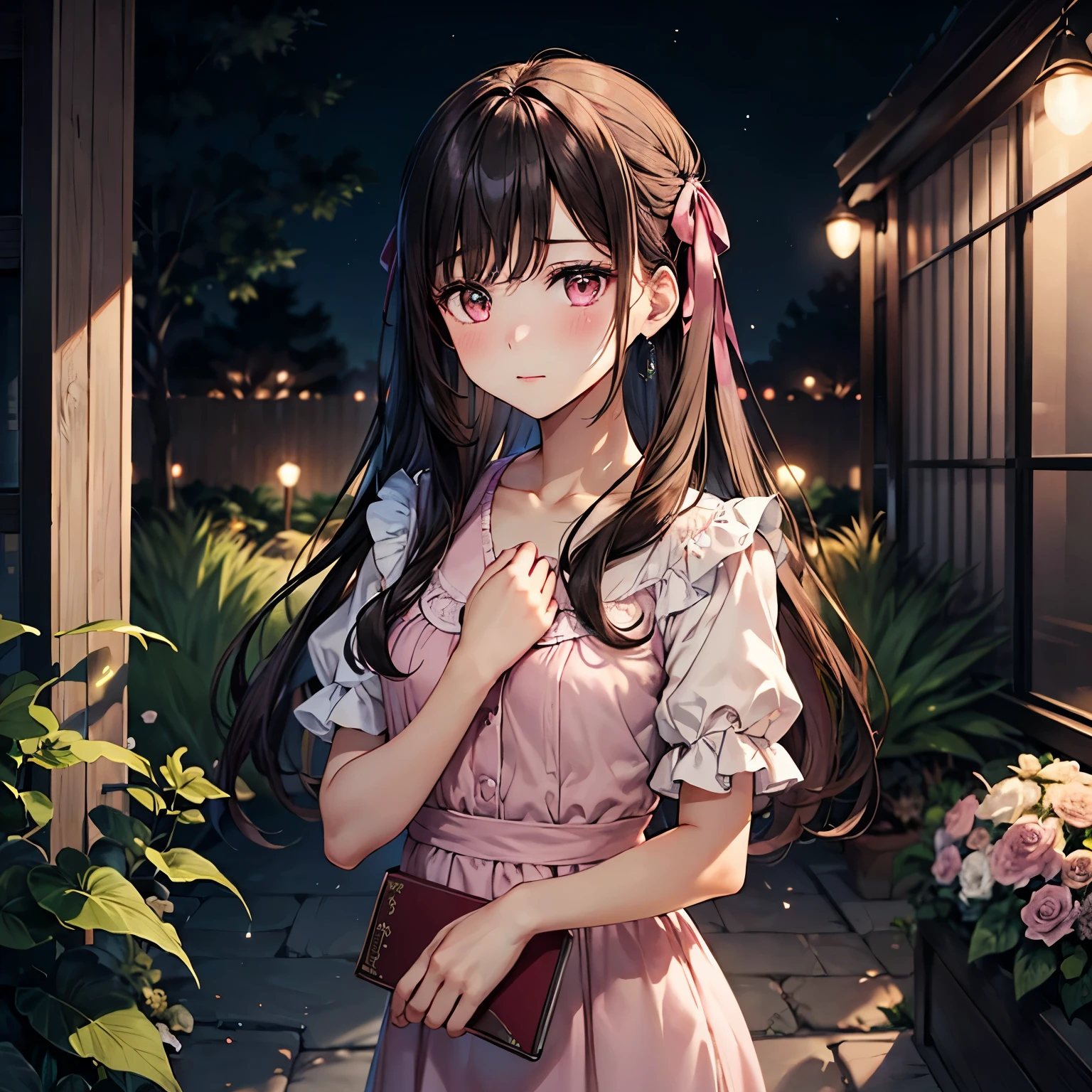 An anime-style girl with a dark expression. She has long, straight dark brown hair and soft brown eyes. She is wearing a simple and modest pastel-colored dress in shades of pink and lavender and has a small ribbon in her hair. She stands in a quiet nighttime garden, holding a book close to her chest with a faint smile, but her eyes carry a hint of sorrow. High detail, vibrant and richly colored background with illuminated flowers and softly glowing lights, soft lighting, calm atmosphere. The illustration depicts her from head to toe.
