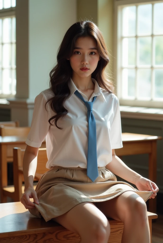 Beautiful college student in white shirt, Light brown skirt, Blue tie and white socks sitting on a bench in the classroom. she&#39;Look at me,Place your hands on your skirt，Then pull it up. High-resolution images