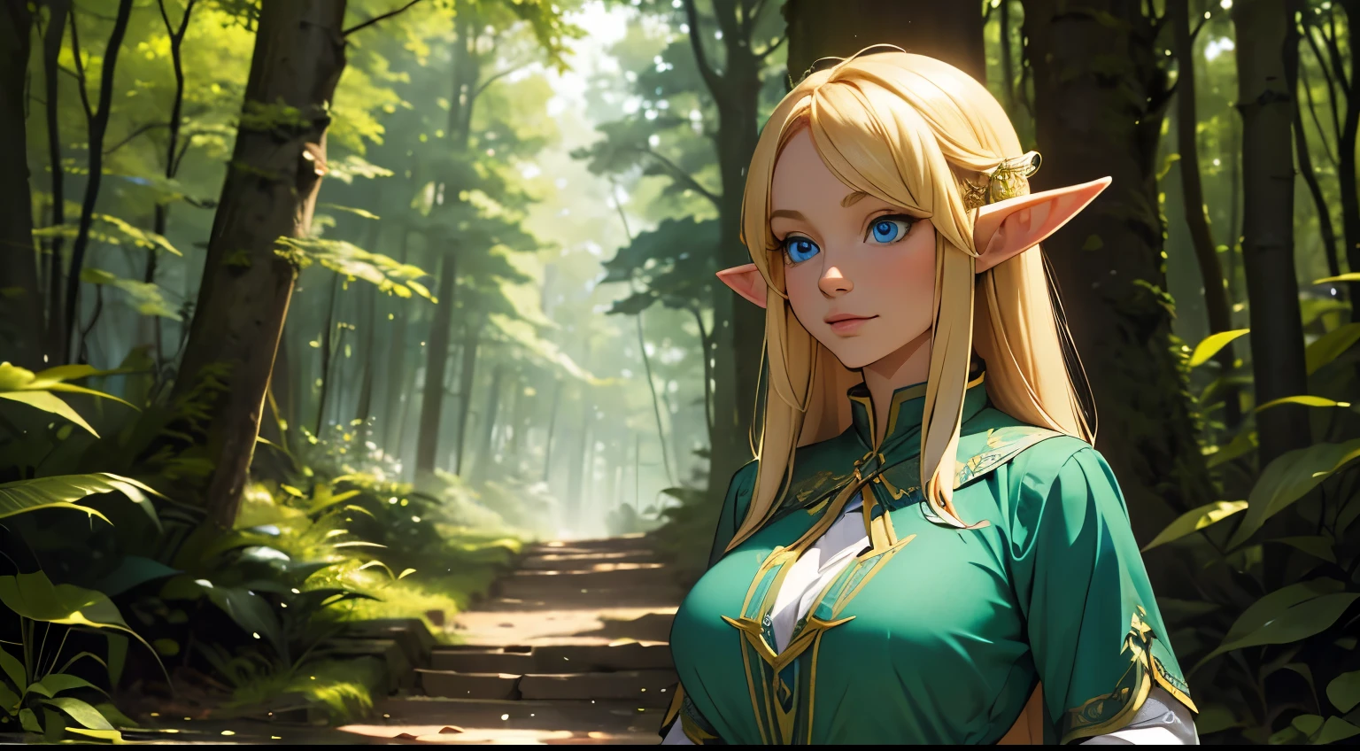 an elf with big breasts, blond hair and blue eyes, his pointed ears, His face expresses curiosity in a forest. She is wearing a green dress.