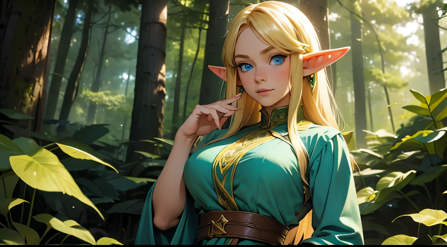 an elf with big breasts, blond hair and blue eyes, his pointed ears, His face expresses curiosity in a forest. She is wearing a green dress.