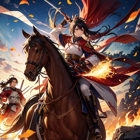 the decisive battle between the historical japanese warlords uesugi kenshin and takeda shingen,uesugi kenshin on horseback swing...